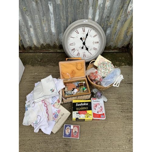 864 - French wall clock, linen, sewing basket and sundries