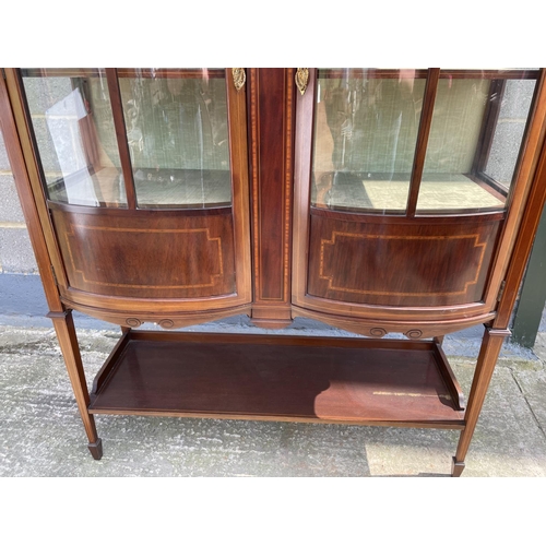 1 - An Edwardian mahogany double bow fronted display cabinet with satin wood inlay, 114 x 45 x 157cm