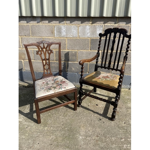 37 - A barley Twist oak carver chair together with a mahogany dining chair