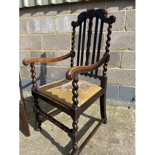 37 - A barley Twist oak carver chair together with a mahogany dining chair