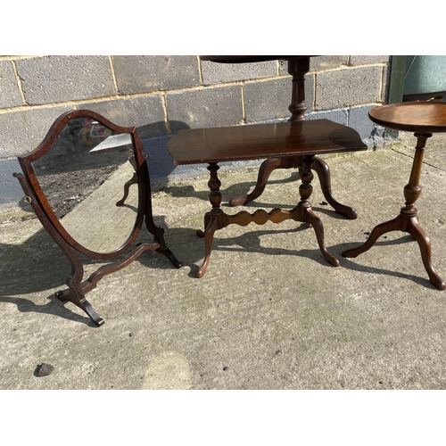 38 - A Victorian mahogany oval snap top table (af) together with two mahogany occasional tables and a swi... 