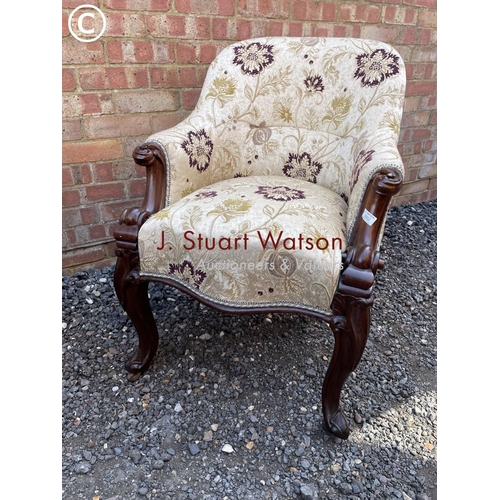 2 - A mahogany bedroom chair upholstered in a gold pattern material