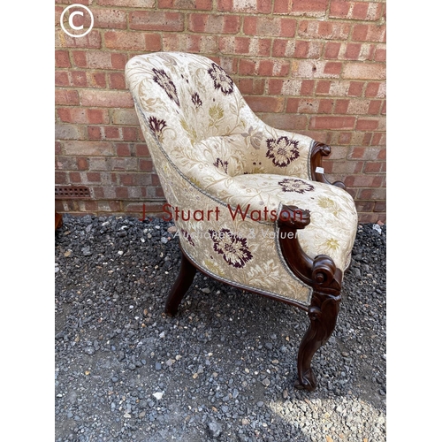 2 - A mahogany bedroom chair upholstered in a gold pattern material