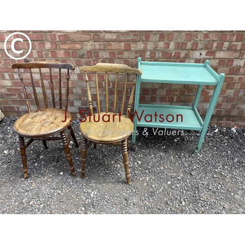 32 - Two penny seat chairs and a painted trolley