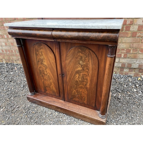 32 - A regency mahogany marble top cheffioner with mirror back 97x47x125