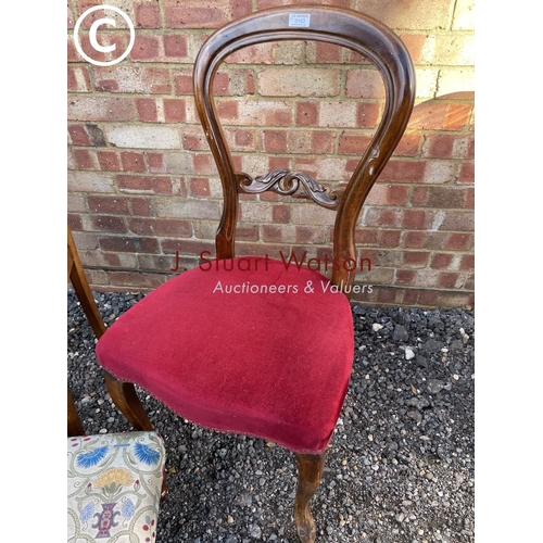 103 - A mahogany balloon back chair, oak chair and a upholstered stool