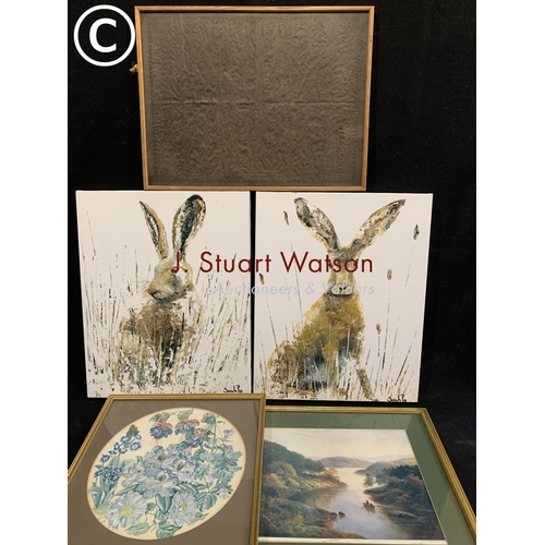 1051 - Two Hare canvas block prints each 40 x 50, map of Kent and two prints