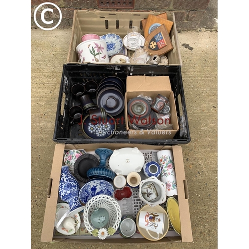 1055 - Three trays of assorted china, glass and two pottery coffee sets