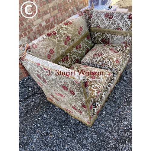 109 - A red and gold pattern Knoll drop end sofa