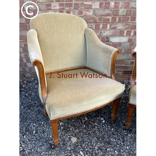 110 - A pair of Edwardian satinwood salon chairs upholstered in gold