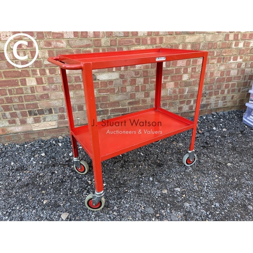 119 - A red metal industrial lab trolley