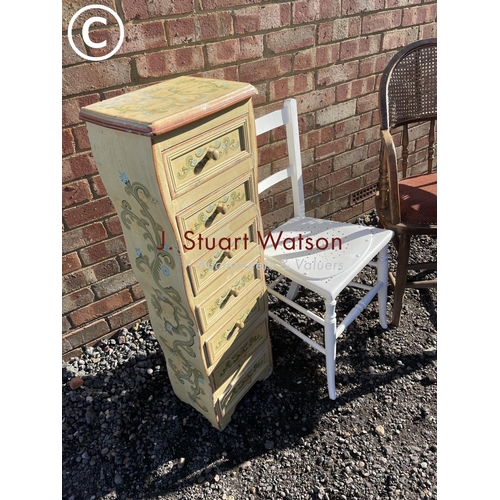 13 - A painted tallboy chest together with a painted chair and a bergere chair