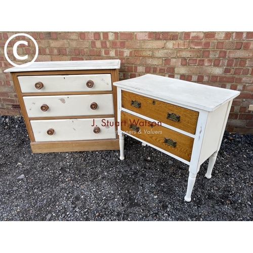 138 - A painted satinwood chest together with a painted oak chest of two