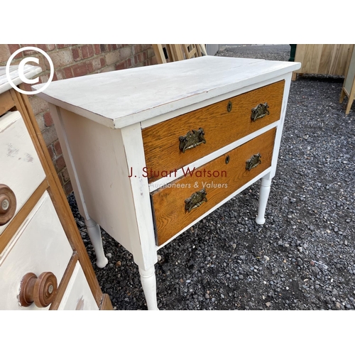 138 - A painted satinwood chest together with a painted oak chest of two