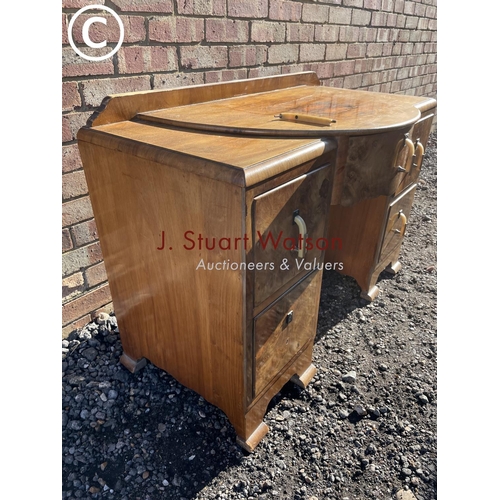 14 - An Art Deco style walnut writing  table / desk (one handle detached but present)