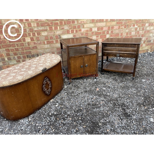 164 - An oak sewing box together with a record cabinet and a sewing box