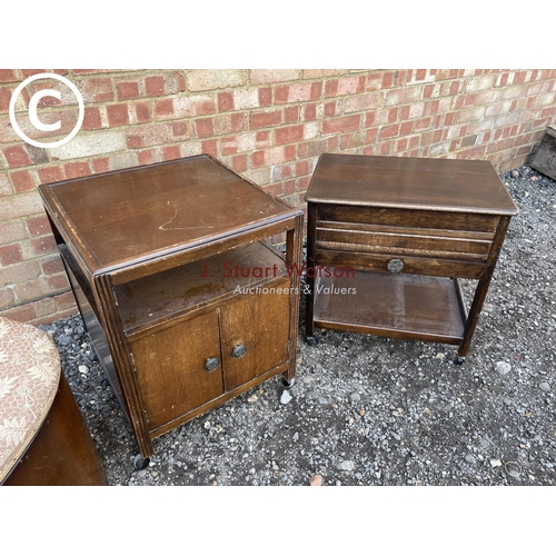 164 - An oak sewing box together with a record cabinet and a sewing box