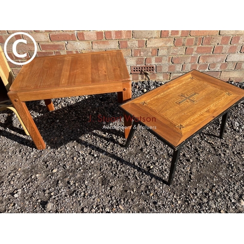 196 - A teak coffee table,together with a bamboo side table and a inlaid table