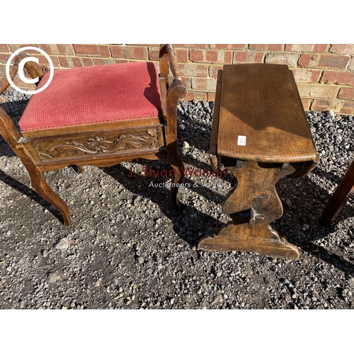 198 - A carved piano stool together with a drop leaf oak table and a single drawer oak side table