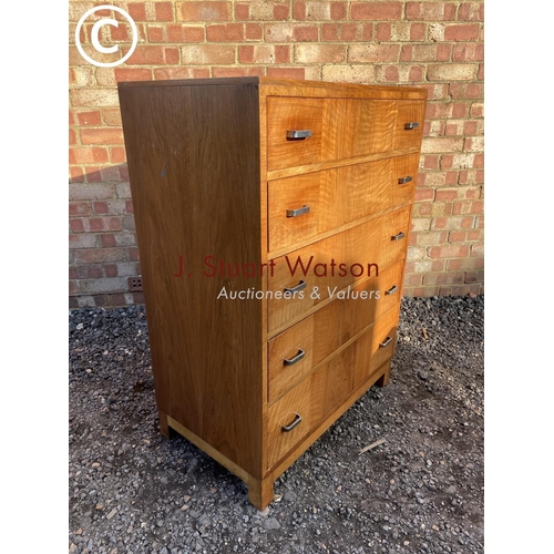 221 - A deco style walnut tallboy chest of five drawers with chrome handles