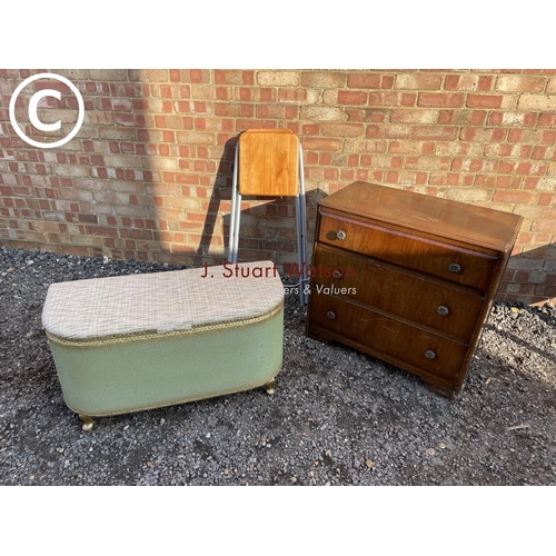 225 - A chest of three, green ottoman and a folding stool