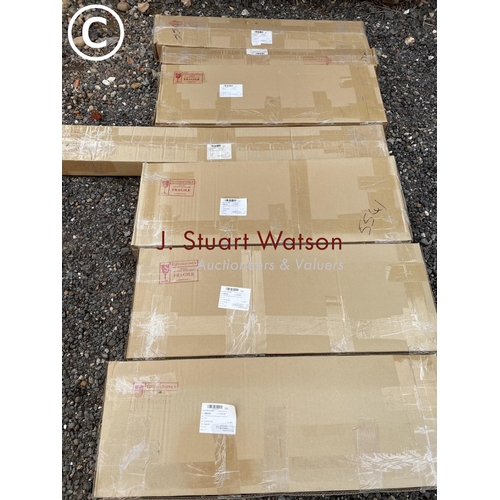 251 - Seven new boxed silk white plantation shutters (sizes pictured)