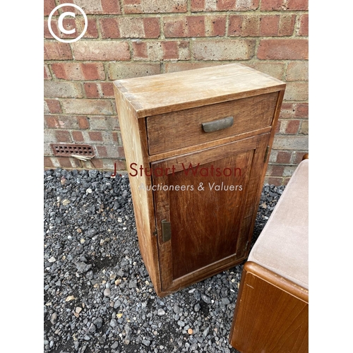 280 - A small oak cupboard together with 2 teak stools