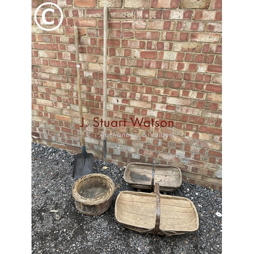 292 - Two trugs, basket, fork and shovel