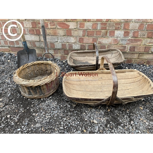 292 - Two trugs, basket, fork and shovel