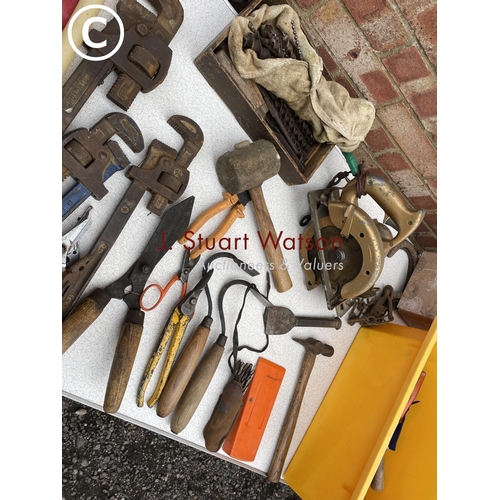 293 - An assortment of tools, including stillsons, saw, grinder and more - contained in two crates and a b... 