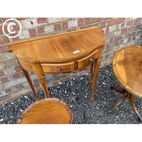 30 - A yew twomdrawer hall table together with 2 occasional tables