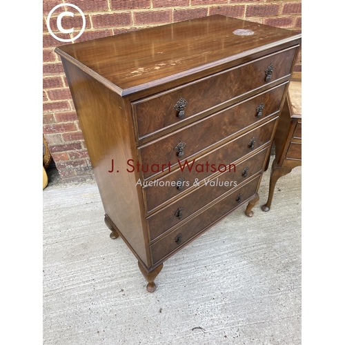 303 - A Queen Anne style walnut bedroom pair consisting of a tallboy chest of five drawers together with a... 