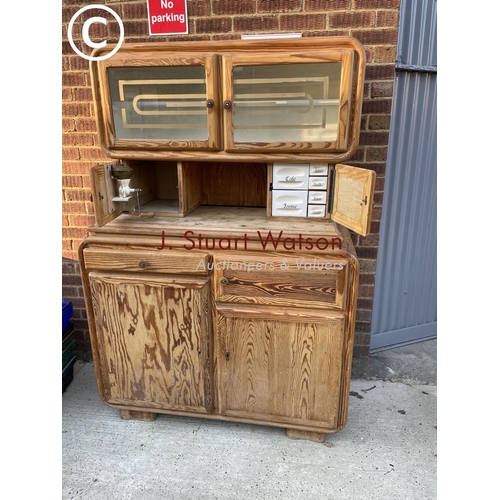 341 - An unusual Dutch pine kitchen cabinet glazed top with fitted coffee grinder over two, drawer and two... 