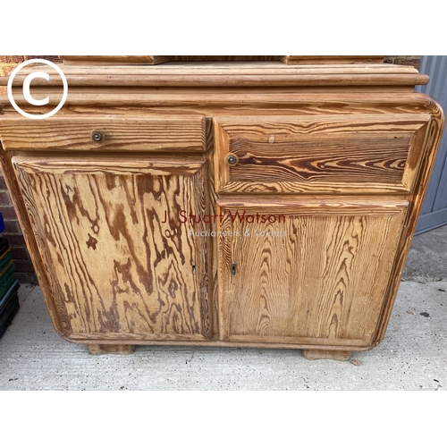 341 - An unusual Dutch pine kitchen cabinet glazed top with fitted coffee grinder over two, drawer and two... 