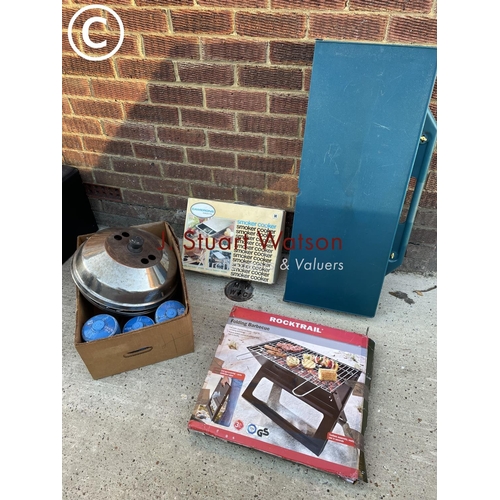 345 - A folding camping table together with gas stove and bbq smoker