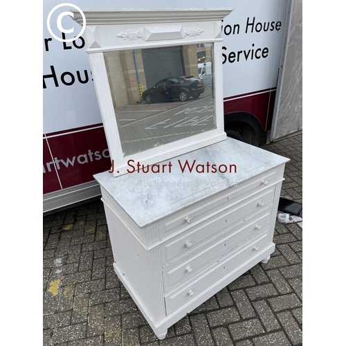 351 - A continental white painted marble top chest with a mirror back