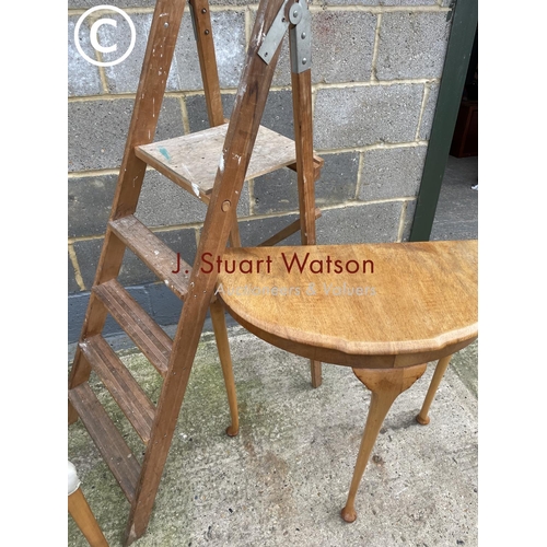 385 - Vintage wooden steps together with a hall table and a retro chair