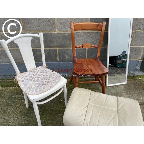 411 - A Pine chair, painted chair, mirror and a leather stool