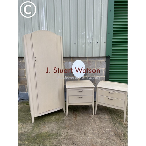 412 - A mid century grey painted ply bedroom suite consisting of a chest of two, a dressing chest and a si... 