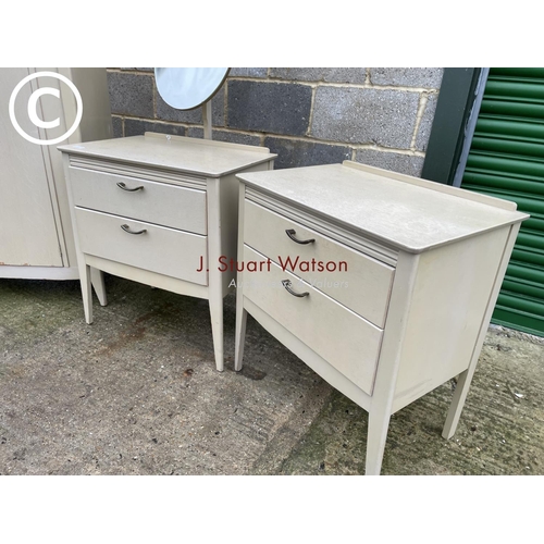 412 - A mid century grey painted ply bedroom suite consisting of a chest of two, a dressing chest and a si... 