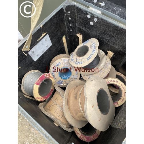 467 - A vintage wooden packing crate containing reels of vintage radio wire