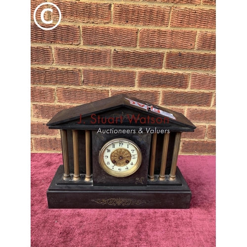 534 - Victorian Slate mantel clock with key and pendulum, 42cm wide x 32cm tall