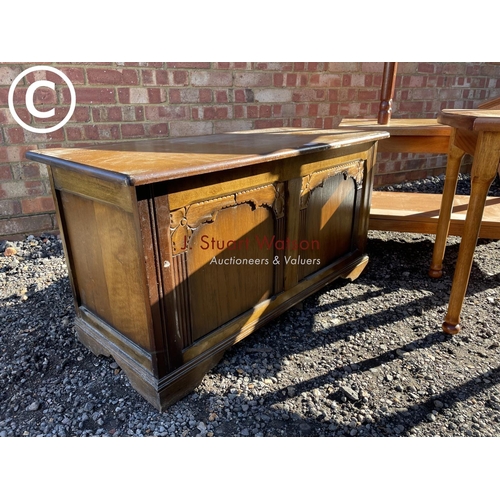 6 - An oak blanket box together with three occasional tables