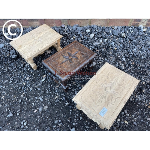 60 - Three small carved oak stools (2 bleached)