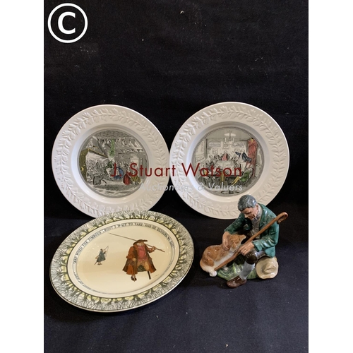 613 - Doulton The Master HN 2325 Figure, height 16cm, two Charles Dickens plates and Doulton  Isaac Walton... 