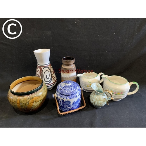 615 - Doulton jardiniere, Rye pottery vase, West German pottery vase, Spode Italian Barrel and three jugs