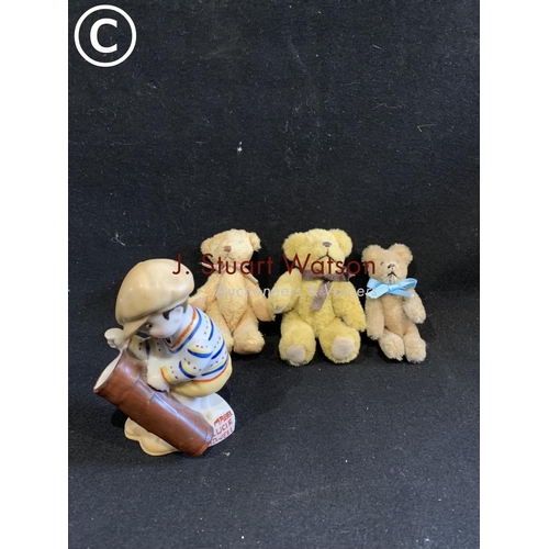 618 - Mabel Lucy Attwell Figure of Boy 10cms tall and 3 miniature teddy bears