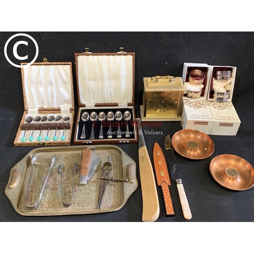 620 - Cased coffee beans spoons and cased teaspoons, Viners napkin rings, metalware, brass and onyx clock