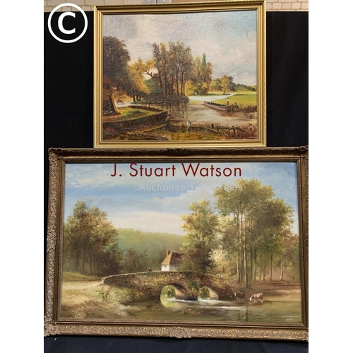 621 - Gilt framed oil of Bowbridge Devon, signed Wheeler, 100 x 70cm and framed oil of river scene signed ... 