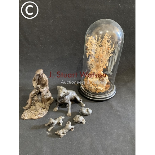 623 - Heredities Shepherd Figure and dog and puppies figures and domed arrangement